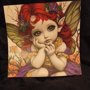 Hand Crafted Red-Haired Fairy Art Print with Purple Dress and Green Wings